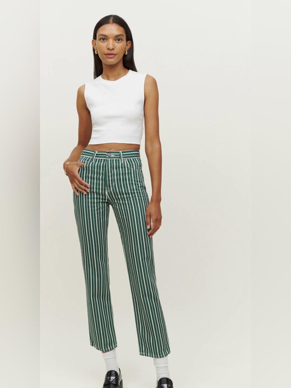 Reformation Green and White Vertical Stripe Jeans